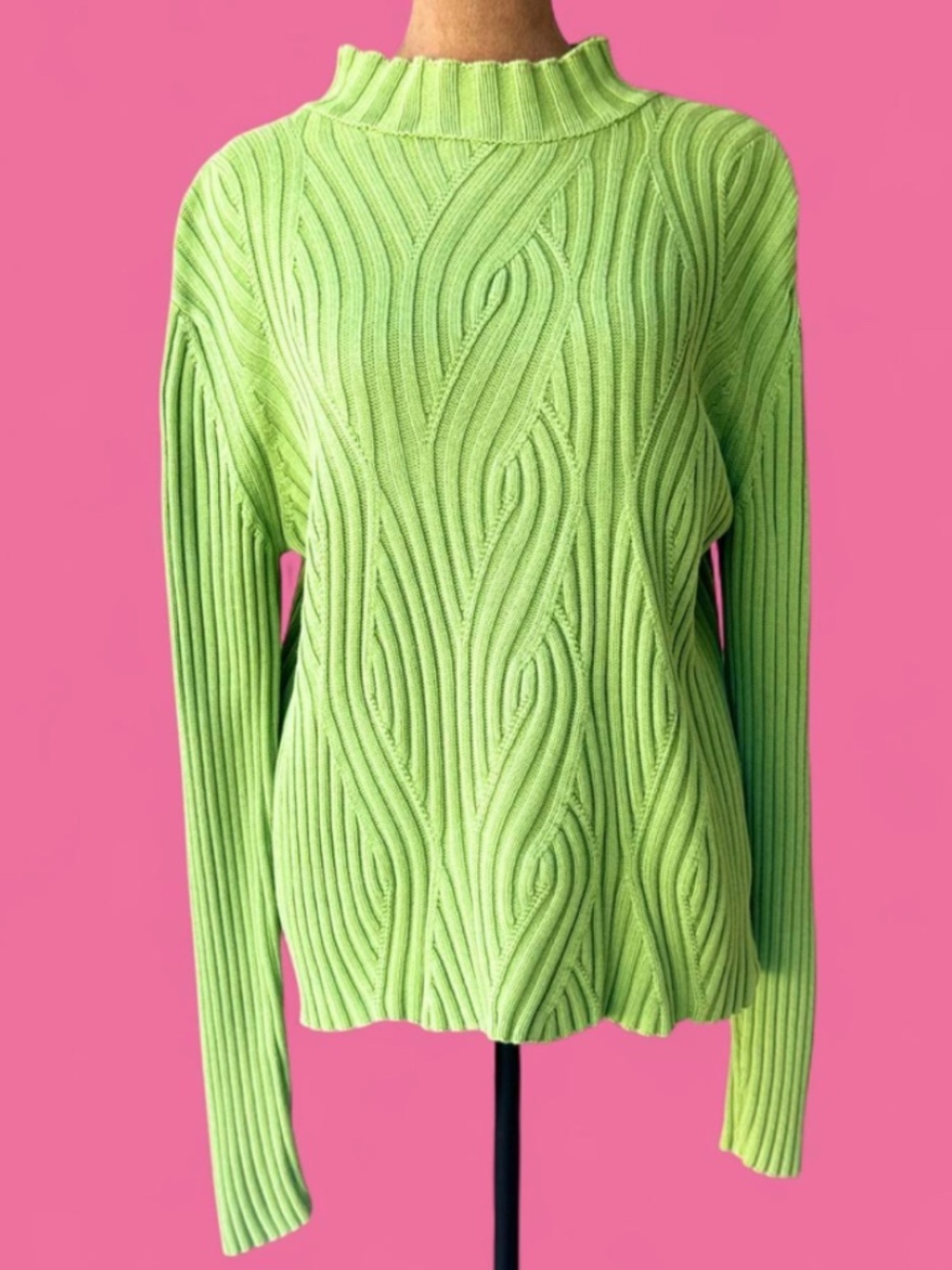 Parkhurst Lime Green Chartreuse Cable Knit Mock Neck Sweater 100% Cotton Medium
